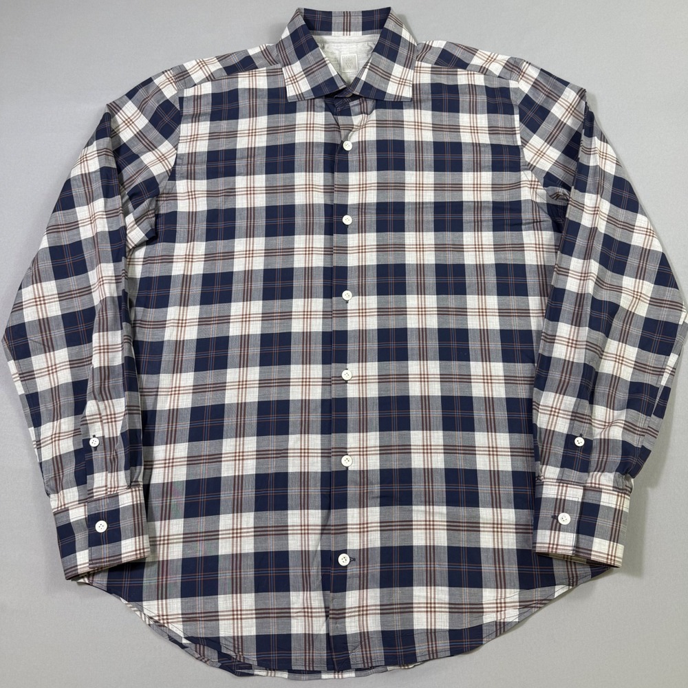 Eleventy Platinum Button Down Shirt Mens Large Navy White Brown Plaid Italy EUC